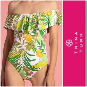 Trina Turk Size 10 Fantasy Island Off Shoulder women's swimsuit